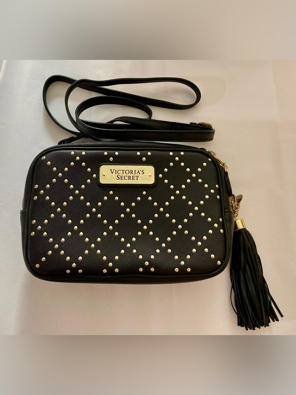 Victoria's Secret Black Crossbody with Gold Studs and Tassel